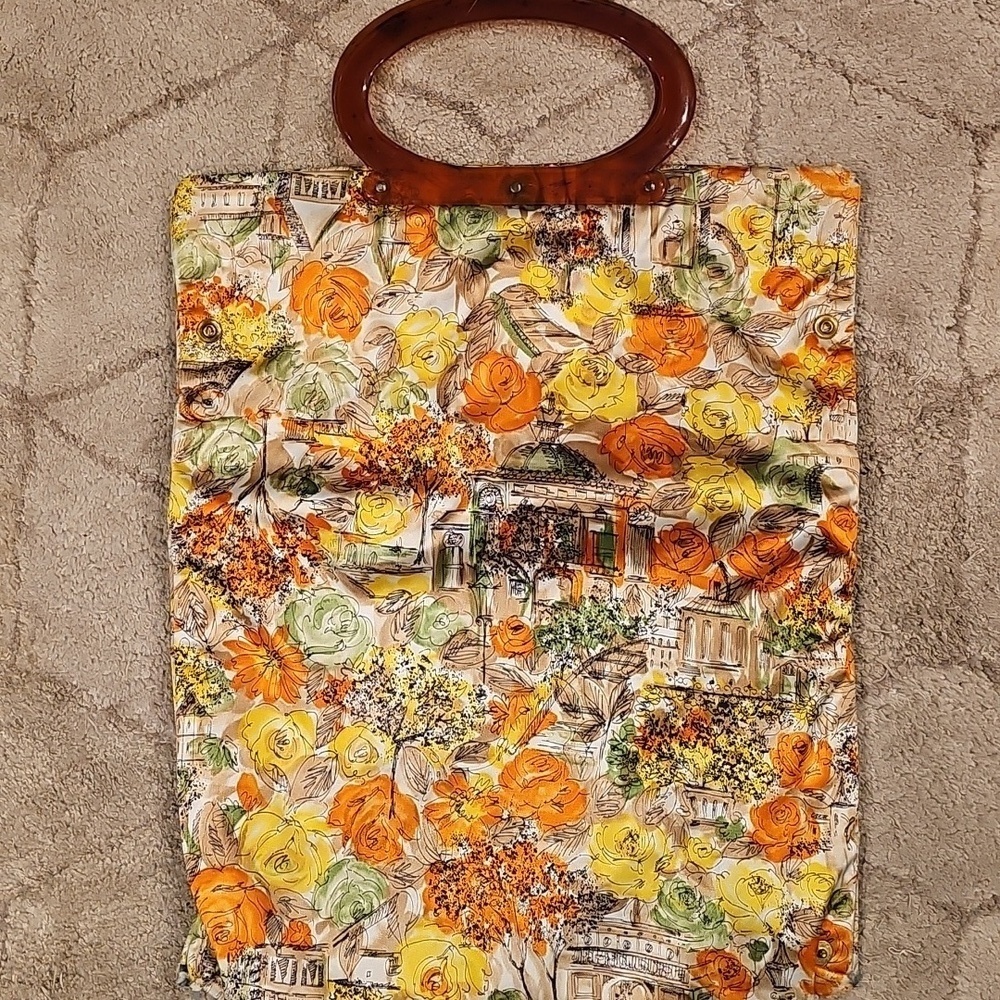 Floral Hangbag Tote-All Bag Double Lucite Handles Lady's Pride Retro MCM USA Vtg